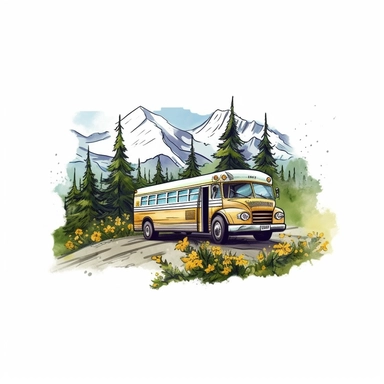 School Bus With Natural View, Realistic Clipart, Logo Design, High Quality, White Background
