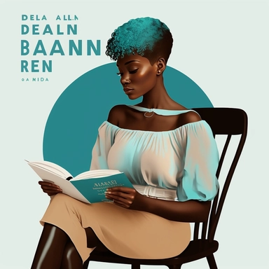 Melanin girl PNG | Black Girl Clipart, Black Woman Illustration, African American Fashion Digital Print, Self Love Clipart, pixie cut hairstyle, sitting in chair reading a book, dressed cyan and white