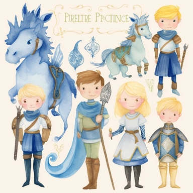 A watercolor collection by Penelope Whimsy, showcasing a playful and heartwarming clipart set of blue fairy tale prince characters in 5 diverse hair and skin colors, complemented by delightful details such as a shield, horse, dragon, prince crown, castle, knights, and armor, great for designing invitations, planner stickers, party printables, and embroidery projects. clipart