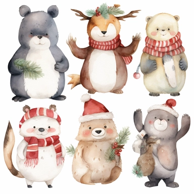 Cute Christmas animals, such as reindeer, penguins, polar bears, and owls, in festive outfits and accessories, watercolor png clipart on a white background