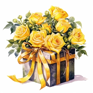 Watercolor a drawing of a decorative box of Yellow roses with Yellow ribbon, in the style of charming illustrations clipart, hd, detailed, on white background, spaced out