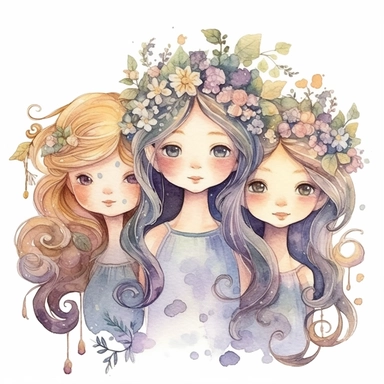 watercolour clipart, separate elements, Embark on a whimsical journey with Bells, Creamy, and Flowery - three girls who weave wonders and magic from paper. Their artwork flourishes in the enchanting realm of watercolour, where every stroke tells a story. Meet Bells, brown crazy hair, grey eyes, the sweet and scatterbrained dreamer, with a great sense of humor. She immerses herself in the world of digital design, creating exquisite papers for scrapbook albums. Though she may often forget things, 
