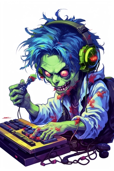 A cute zombie playing games at the computer, wearing headphones, playstation, very vibrant colors, cartoon style, white background, clipart, colorful, HD
