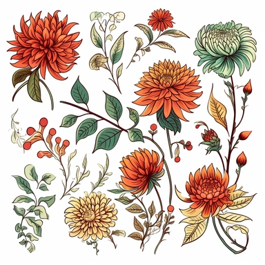 retro illustration of fall dahlias berries and twigs flowers and art nouveau details, professional clipart, soft boho color palette, inspired by sailor jerry tattoos, epic composition on white background, 8k