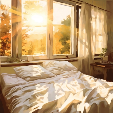 The morning sunlight shines into the window, and there is a bed in the room with oil paintings, White background, Clip Art Style