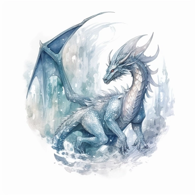 high level watercolor, hyper realistic, white background with margins, 8k, ultra detailed clipart, large, futuristic, A mystical winter dragon, its frosty breath creating swirling snowflakes and ice formations in the air, fairy, cool, pastel blue