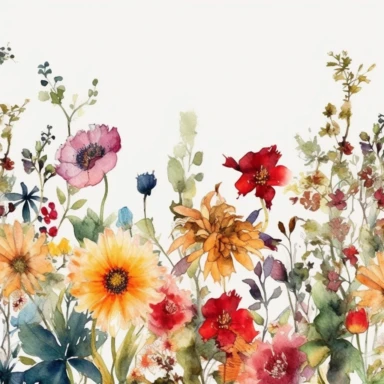 The watercolor floral border clipart morphs into an oil painting, reminiscent of the lush, botanical works of Rachel Ruysch. Against a white background, the border is alive with wildflowers painted with rich, vibrant strokes. The color temperature is balanced, each flower bursting with a unique palette of hues. No facial expressions are present, but the flowers radiate life and vitality. The lighting is subtly dramatic, enhancing the textural details and the lush, immersive atmosphere.