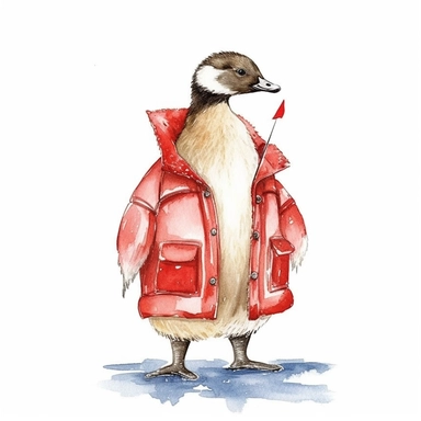 Design a watercolor cliparts featuring a canadian goose holding a canada flag. The beaver is wearing winter clothes. Ensure each clipart is isolated on a clean white background, with a file size of 120K,--ar 2:3