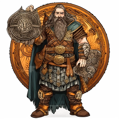 Clipart of a devout dwarven cleric with a long, intricately braided beard, adorned in ornate, rune-etched plate armor, wielding a warhammer embellished with religious symbols and carrying a beautifully crafted shield bearing their deity's emblem. High detail, realistic style drawing. Full body. Colourful.