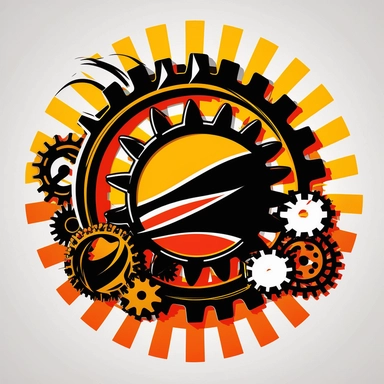 a racing logo Clipart design decal include clutch gears race flag,motor chain,blank center, orange red yellow and black colors