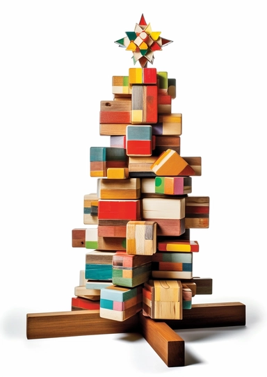 A traditional Christmas tree meticulously constructed from geometric wooden blocks, squares and cubes culminating in a rustic wooden star. Medium: Fresco, combining elements of realism and pop art. Setting: An abstract space, devoid of any defined boundaries or constraints. Style: A fusion of Robert Rauschenberg's collage art with the iconic 3D structures of Piet Mondrian, with the tree itself embodying the tangible reality often found in Edward Hopper's work. Lighting: Soft, diffused light, cas