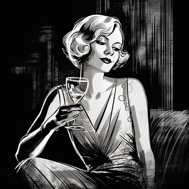 sketch clipart of 20s poster lady enjoying wine, hd, white on black background, spaced out,--ar 3:2