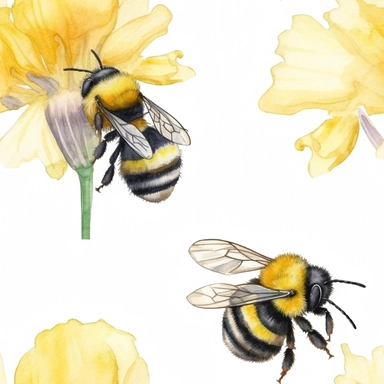 watercolor print by one julie maes bumblebee on the buttercup, clipart, in the style of forced perspective drawings, exquisite animalism