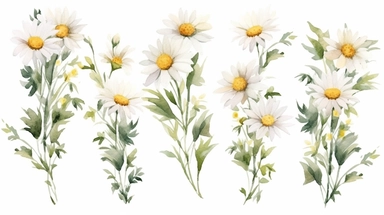 Watercolor Daisy flower clipart. Chamomile floral border, bouquets, wreath. Wildflowers for wedding invitations and greeting cards. Watercolour illustration. Rustic flower