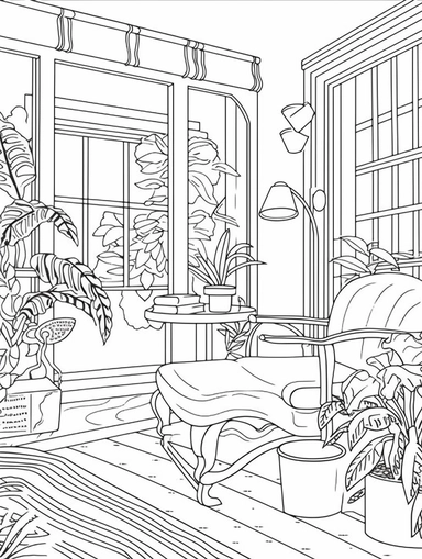 An Adult Coloring Book Featuring Fun and Relaxing Interior Home Designs with Beautifully Furnished Rooms and Welcoming Outdoor Spaces, coloring page line art, black and white clipart for coloring page, simple and clean line art, illustration style,