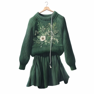 watercolor, hyper realistic, white background, white margins, 16k, ultra detailed clipart, cut out image, hand-drawn a sweater dress in a deep forest green shade, portraying a blend of sophistication and comfort