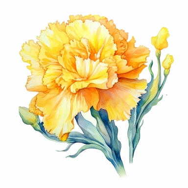 Watercolor yellow carnation clipart on a white background in the style of feminine sticker art, Tanya Shatseva, storybook illustration, bright yellow and golden hues, Georgia O'Keeffe, flower and nature motifs, colored line art, colored outlines, cottagecore design, watercolor on white background, ombre, sunny tones, colored line art, colored outlines, iridescent ombre, gradient shading, symbol of cheerfulness, vibrant digital art oil paint photorealism, an illustration of a colored flower, meti