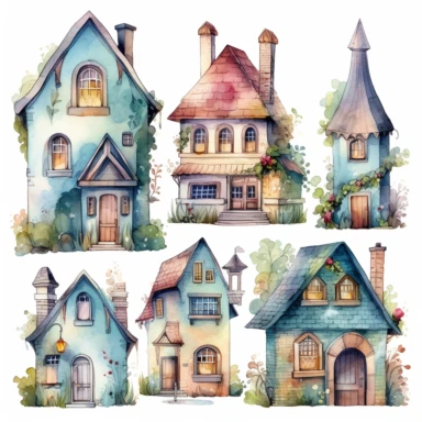A set of whimsical watercolor clipart images featuring cozy houses, painted in soft pastel shades of blue, pink, green, and yellow, with intricate details such as flowers, vines, and shingled roofs, set against a white background. Watercolor painting, using high - quality watercolor paper, fine brushes, and various shades of pastel paint pigments