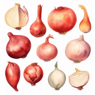 semi photorealistic outlined watercolor illustration, clipart elements, collection [Onions (Red) vegetable] cozy elements, detailed, pastels, beige, spaced, isolated white background