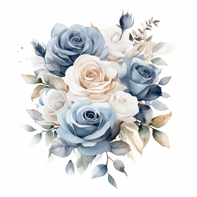 Watercolor faded dusty blue roses clipart, rose floral bouquet, white background