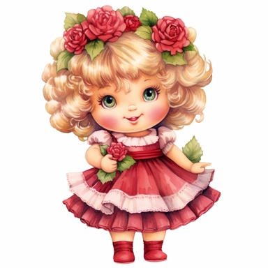 a fully body Cute christmas cabbage patch doll in wearing a red pretty christmas dress clipart, happy, watercolor, pretty eyes, flowers, roses, sarah kay