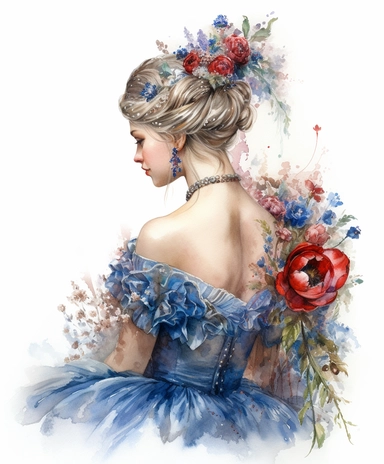 watercolor illustration mixed media beautiful charming overgrown with poppies and cornflowers beautiful enchantress in the crown made of sapphires and rubies, rear view, rococo fashion, Sparklecore, sparkle glitter, masterpiece by Hans Zatzka, rococo fashion, in the style of 18th century botanical illustrations, isolated on white, PNG clipart, extreme photorealistic details, 32k HD resolution, realistic high detailization high resolution