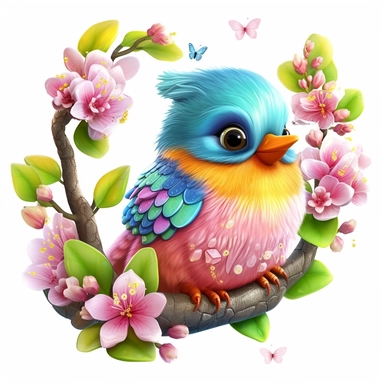 A charming bird with colorful feathers, a small beak, and bright eyes. perched on a tree branch blooming cherry buds, butterflies,Fairytale Cartoon Art Style, Full Body Image and Appearance, 3D-Designed Character, in style of clipart with no background