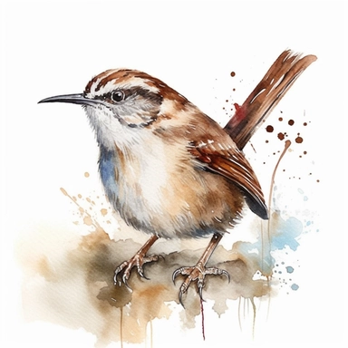 Carolina wren sharp illustration clipart, watercolor art, insane detail, white background