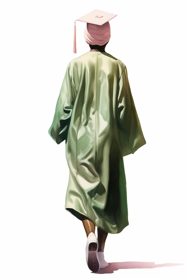 vector watercolor, full back view, drawing of dark skinned woman wearing a light green, dark pink and white cap and gown on graduation day clipart, front view, in style of Michiel van Huysum, subtle faded color variations, hyper-detailed hd clipart, on white background, spaced out