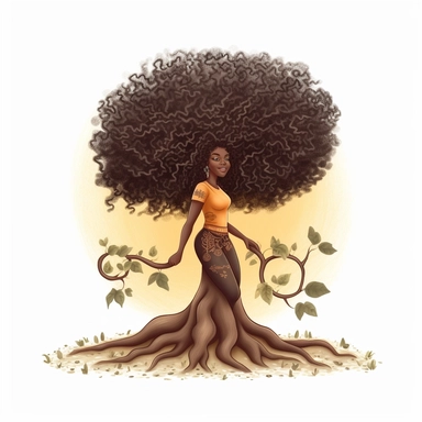cartoon of a beautiful black woman with big curly hair, growing out of the ground like a tree with roots as her legs, clipart, digital illustration, procreate, v5