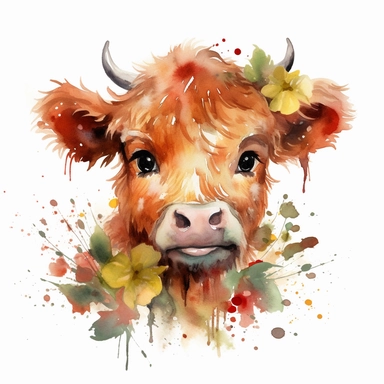 a moving highland calf with cute big eyes, happy smiling face, cute animal, adorable, playful atitude, adorable watercolor animal clipart with a few plant and flowers decor, no background, high quality very sharp with clear focus