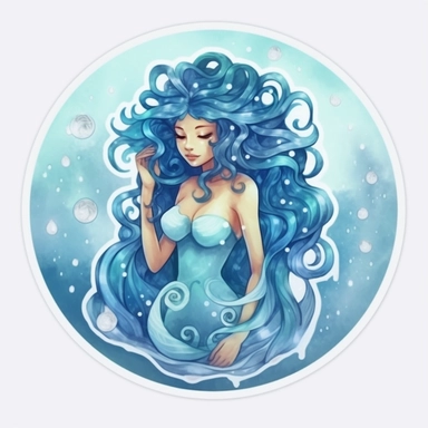 Aquarius zodiac sign as fantasy cute beautiful lady under water, tentacles, Horoscope, Astrology, water theme, surrounded by water, Watercolor Aquarius Zodiac Sign Clipart sticker design, 8k, detailed white background, uplighted