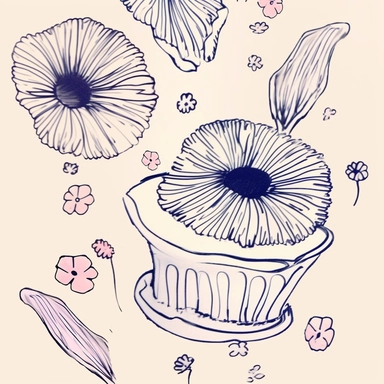 Modern clipart, minimalistic Birthday cake, Flowers, hand draw, line art illustration, seamless