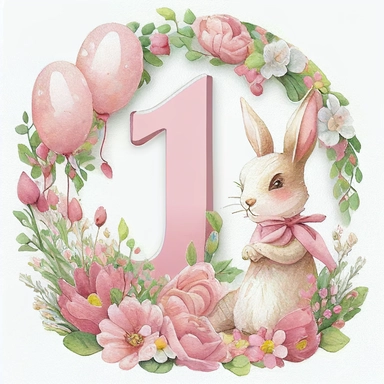 a beautiful watercolour 3d pink number 1 draped in beautiful flowers, a classic cute Beatrix potter pink rabbit, birthday party, holding pretty pink balloons, birthday cake, birthday themed, transparent background, Clipart style, solid white background, png style