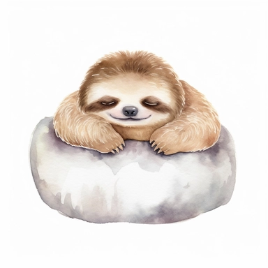 soft watercolor clipart, lazy fat baby sloth, sit on pillow, cute, only white background