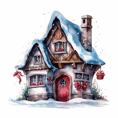 Cute Christmas elf house with snow watercolor clipart