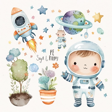 Space watercolor nursery baby boy clipart cute astronaut planets rockets no text