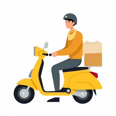 vector design, moped food delivery man, flat modern illustration, clipart, very simple picture, white background, soft gradient transition, in the style of warm color palette, natural pastel colors, in yellow, grey and black colors, object portraiture specialist, uniformly staged images, animated illustrations