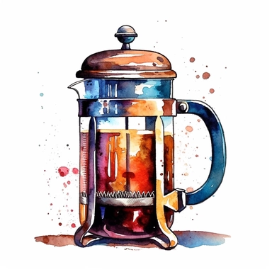 artistic watercolour clipart of french press coffee maker, hd, on white background