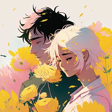 Dreamlike hyper realistic illustration of a couple in love embracing. The man has black hair. The girl is has white hair. In a field of pink and yellow flowers. Flat colors, simple lines, gorgeous lighting, graphic novel style, 2d painting, ink painting style, digital art, childrens character design, happy mood, pixar style cartoon, line work, minimalist, watercolor, 8k, PNG, clipart on white background, sticker style, studio ghibli vibe, studio ghibli style