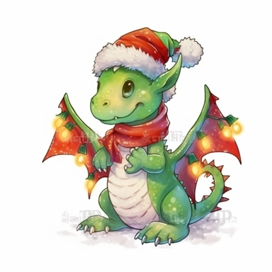watercolor dragon christmas character clipart on white background, flat design, watercolor bright high resolution