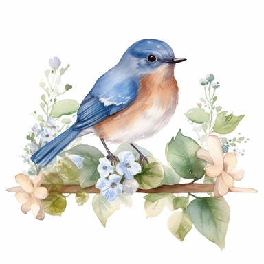 cute Cottagecore bluebird Clipart, watercolor, white background with margins
