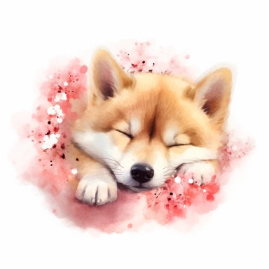 watercolor puppy dog shiba clipart , hight detail, cute, kawii , fresh Sakura, cheerful ,sleep, postcard
