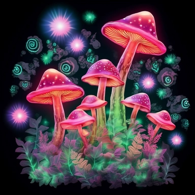 Pink High-Resolution magic Mushrooms, Fantasy clipart, neon lights, roses, lotuses , clear patterns with high colour variation, leafs, hearts, stars shining , light green colour, fancy colours