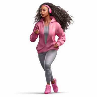 Beautiful young African American lady, with long wavy hair, exercising and brisk walking,wearing pink and gray gym clothes, with pink and gray theme clipart png, sticker, hd, 8k,detailed, good notes, no background
