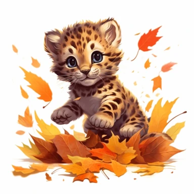 cute leopard cub, pouncing on fallen leaves, mistaking them for prey, bold colors, clipart, on a white background