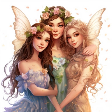 lilly stone, 3 beautiful smiling fairy friends with arms around each other, large wings, 16 year old girls with long wavy hair, soft colors, big eyes, BENTE SCHLICK style illistration, sparklecore, flowers, hyper detailed, white background, clipart