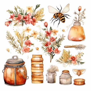 Watercolor honey bee clipart in isolated white background, beehives and flower arrangements, spring garden bee and honey drops, casks and jars of honey, in the style of luxurious fabrics, golden and red hues, colorful, storybook-like, bloomcore, gold leaf accents, precis thin lines, pastoral charm, digital print, beatrix potter, high quality, ultra detailed