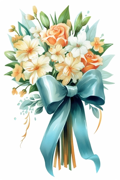 beautiful, bright colors, [Jasmine floral bouquet] with a blue tied bow ribbon, watercolor, cinematic, dramatic, realistic, very detailed, white background, clipart,