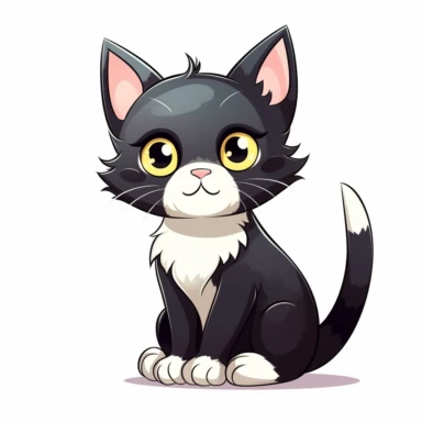 cute cartoon cat, black and white cat,smooth fur, black face with a little bit white by mouth, white paws, black legs, yellow eyes, full body sitting, white background, clip art, vector graphic